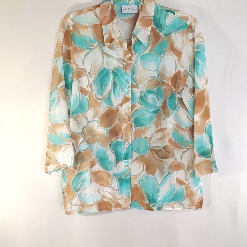 Alfred Dunner 3/4 Sleeve Teal White Taupe Top Blouse - Size 12